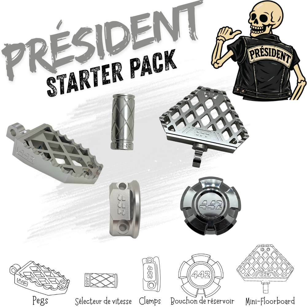 442 Parts - STARTER PACK - PRESIDENT - Pegs, Mini-floorboards, embout de sélecteur, bouchon réservoir. et clamps
