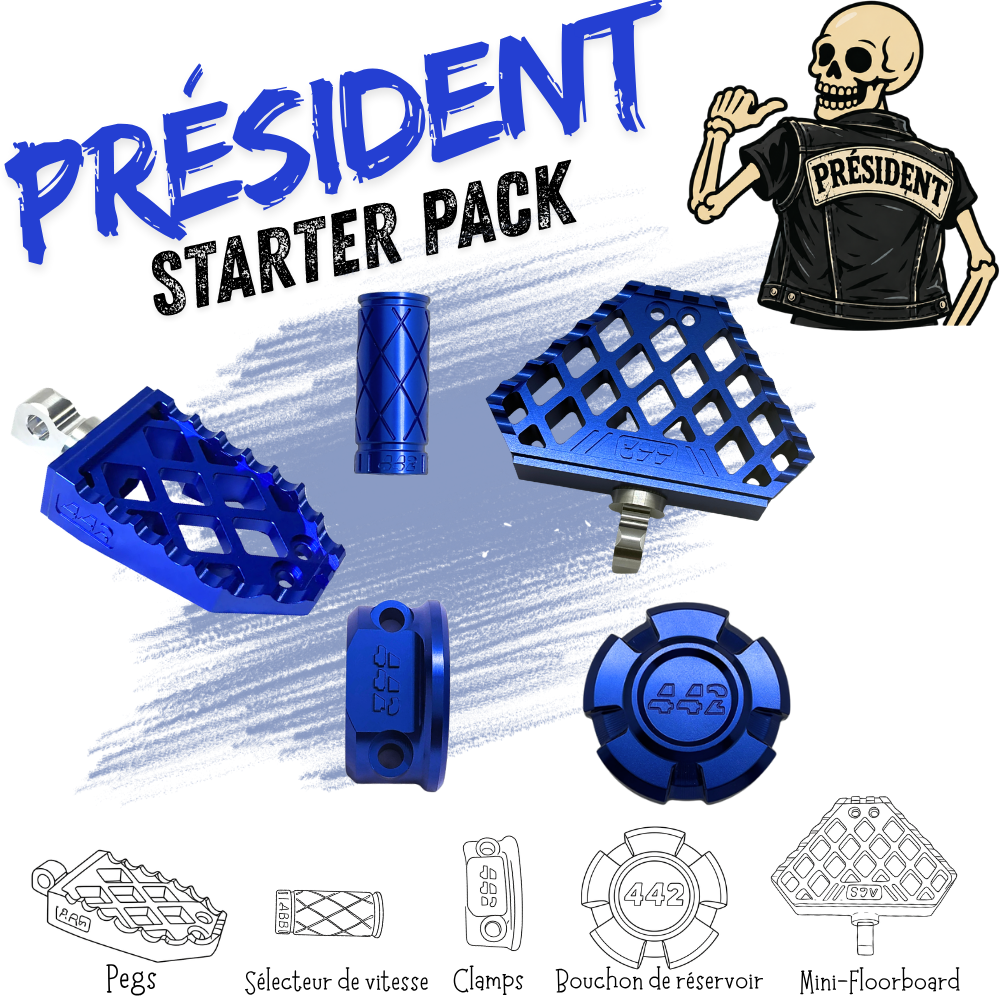 442 Parts - STARTER PACK - PRESIDENT - Pegs, Mini-floorboards, embout de sélecteur, bouchon réservoir. et clamps