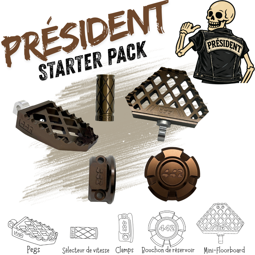 442 Parts - STARTER PACK - PRESIDENT - Pegs, Mini-floorboards, embout de sélecteur, bouchon réservoir. et clamps
