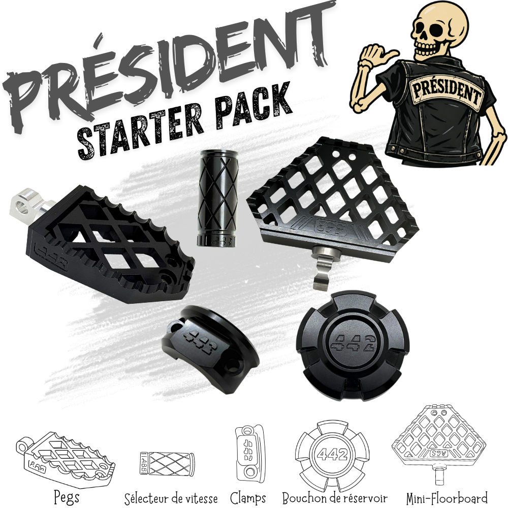 442 Parts - STARTER PACK - PRESIDENT - Pegs, Mini-floorboards, embout de sélecteur, bouchon réservoir. et clamps