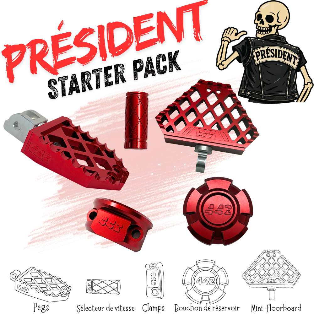 442 Parts - STARTER PACK - PRESIDENT - Pegs, Mini-floorboards, embout de sélecteur, bouchon réservoir. et clamps