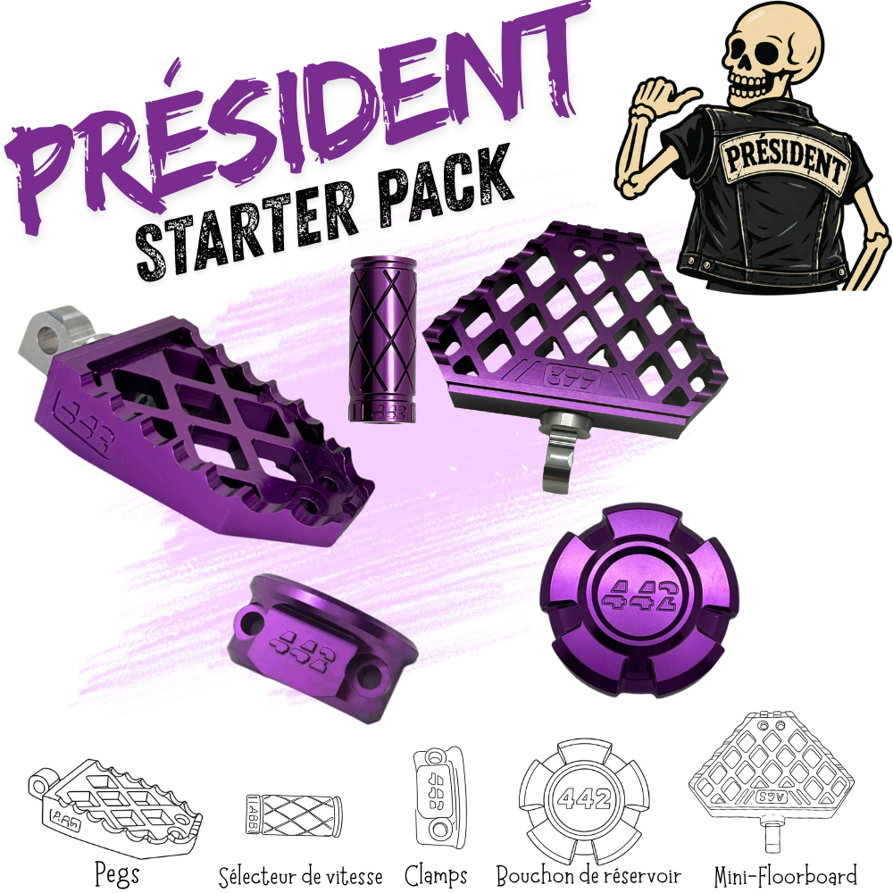 442 Parts - STARTER PACK - PRESIDENT - Pegs, Mini-floorboards, embout de sélecteur, bouchon réservoir. et clamps