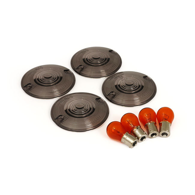 MCS - Kit 4 lentilles fumées et 4 ampoules orange - clignotant Harley-Davidson plat - homologué